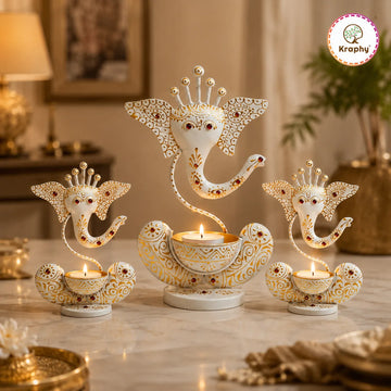 KRAPHY Handcrafted Ganesha Metal Tealight Candle Holder Set of 3 – White & Gold