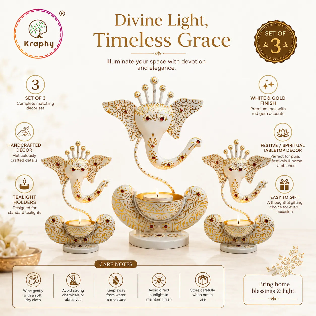 KRAPHY Handcrafted Ganesha Metal Tealight Candle Holder Set of 3 – White & Gold