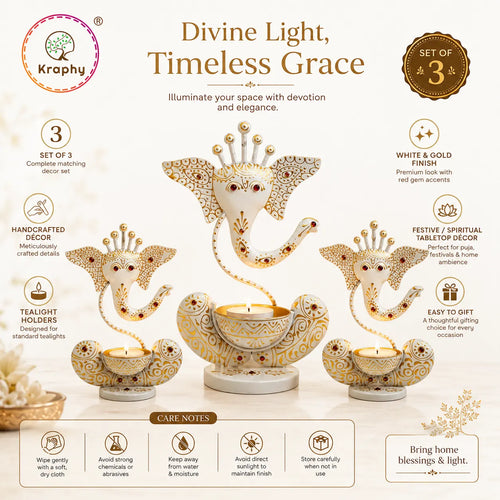 KRAPHY Handcrafted Ganesha Metal Tealight Candle Holder Set of 3 – White & Gold media 5