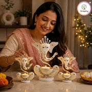 KRAPHY Handcrafted Ganesha Metal Tealight Candle Holder Set of 3 – White & Gold