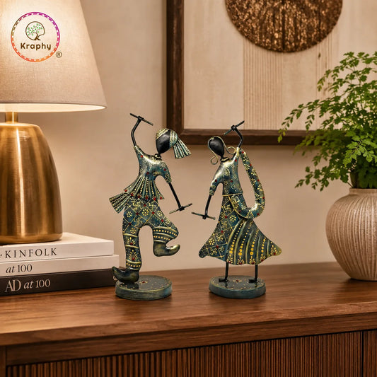 KRAPHY Rustic Blue Dandiya Dancing Couple Showpiece Set of 2