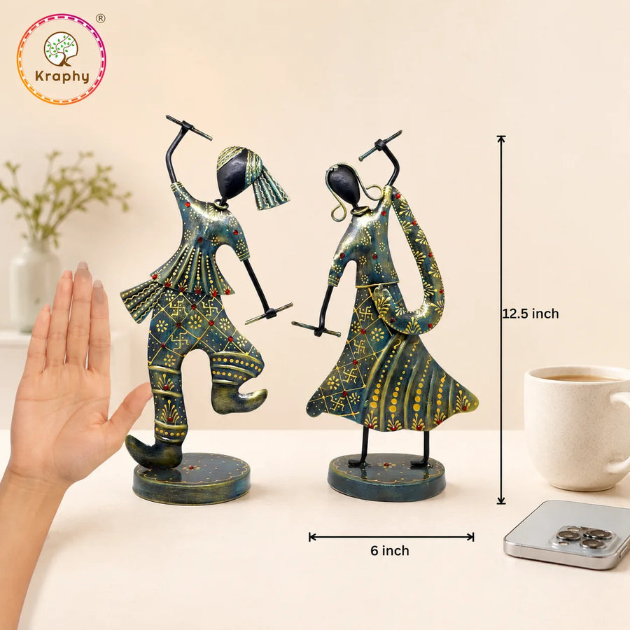 KRAPHY Rustic Blue Dandiya Dancing Couple Showpiece Set of 2 size guide