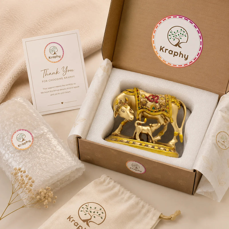 Kraphy Handpainted Kamdhenu Cow & Calf Showpiece on Wood-Finish Base | Resin Figurine – 8 Inch detail 2
