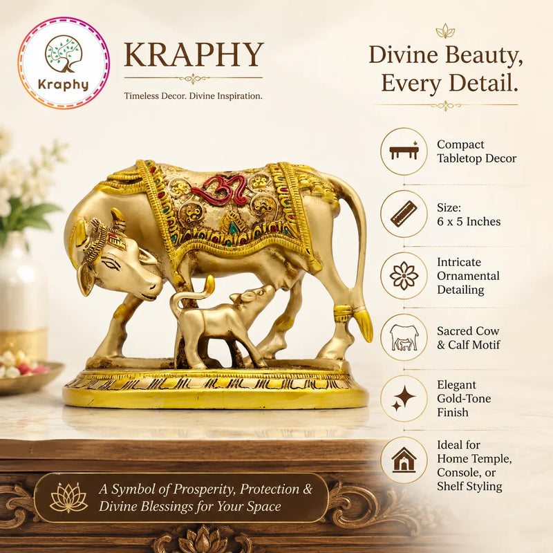 Kraphy Handpainted Kamdhenu Cow & Calf Showpiece on Wood-Finish Base | Resin Figurine – 8 Inch detail 3