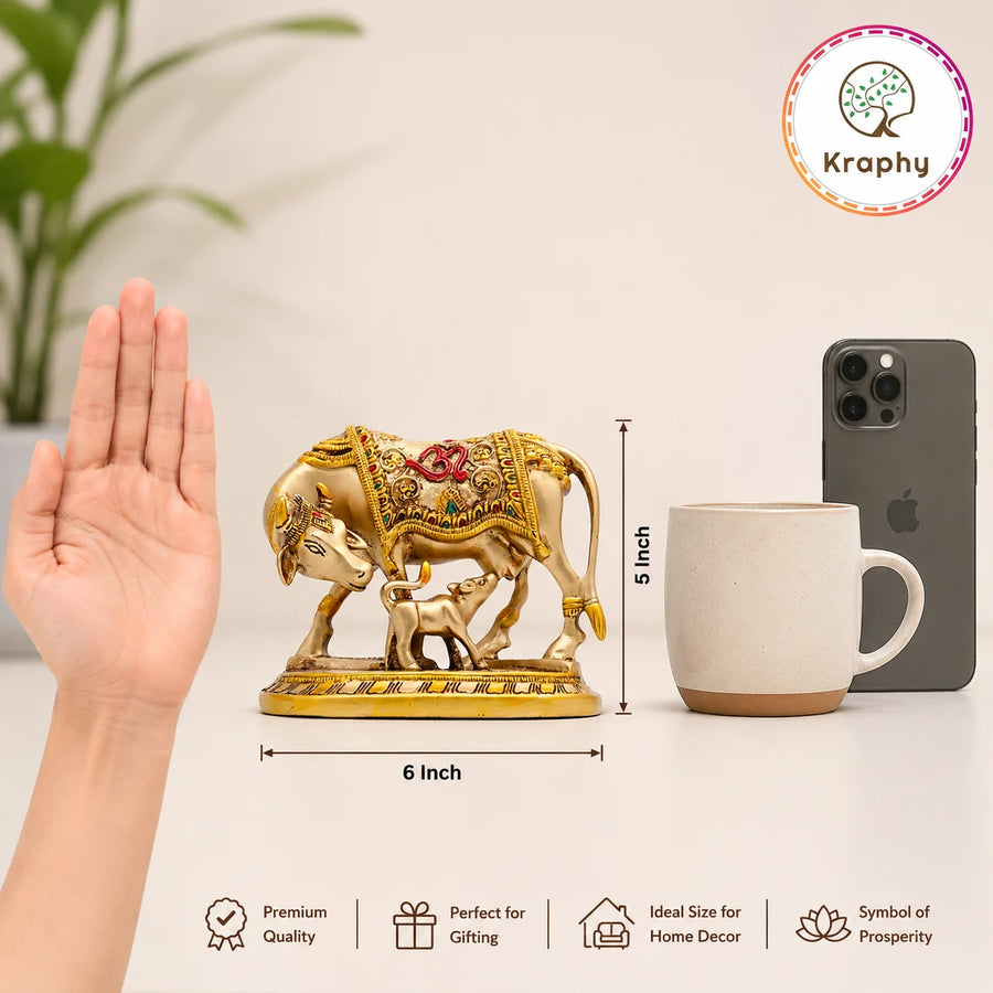Kraphy Handpainted Kamdhenu Cow & Calf Showpiece on Wood-Finish Base | Resin Figurine – 8 Inch size guide