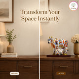 Before and after comparison of a room with a decorative cow statue on a wooden surface. thumbnail