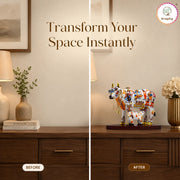 Before and after comparison of a room with a decorative cow statue on a wooden surface.