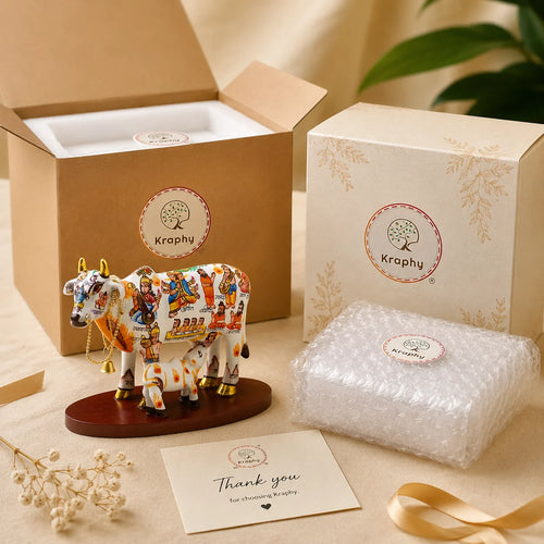 Kraphy Kamdhenu Cow & Calf Statue with Om Design | Resin Figurine – 6 Inch media 6