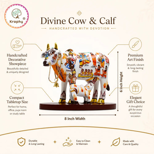 Kraphy Kamdhenu Cow & Calf Statue with Om Design | Resin Figurine – 6 Inch media 4