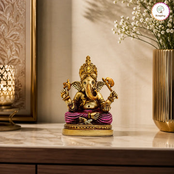 Kraphy Lord Ganesha Idol in Antique Gold & Pink Finish | Resin Figurine – 5.5 Inch