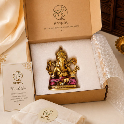 Kraphy Lord Ganesha Idol in Antique Gold & Pink Finish | Resin Figurine – 5.5 Inch media 4