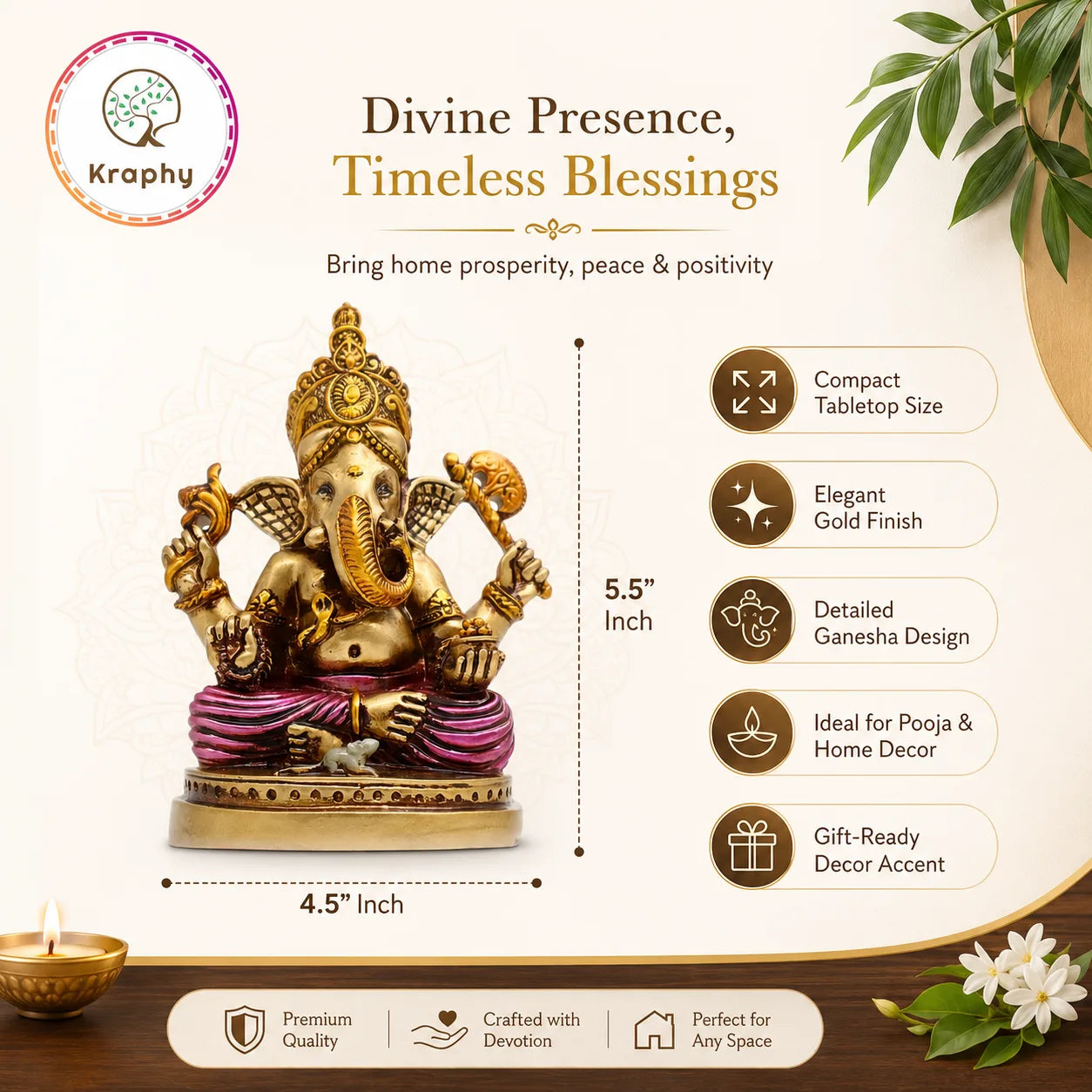 Kraphy Lord Ganesha Idol in Antique Gold & Pink Finish | Resin Figurine – 5.5 Inch