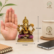 Kraphy Lord Ganesha Idol in Antique Gold & Pink Finish | Resin Figurine – 5.5 Inch