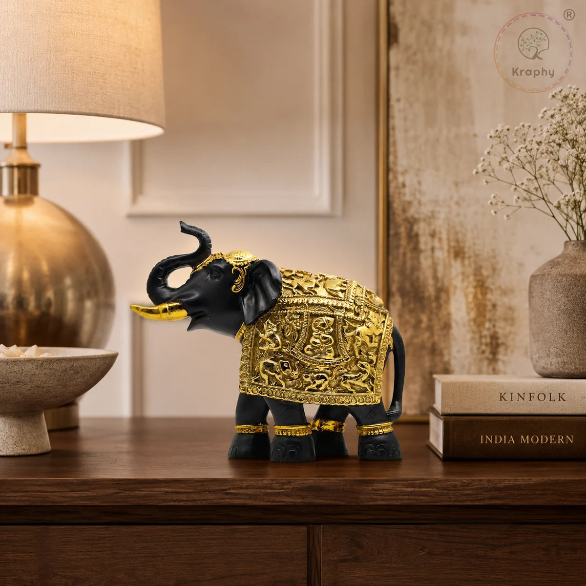 Kraphy Black & Gold Elephant Showpiece with Raised Trunk | Resin Figurine – 9 Inch A+ main media