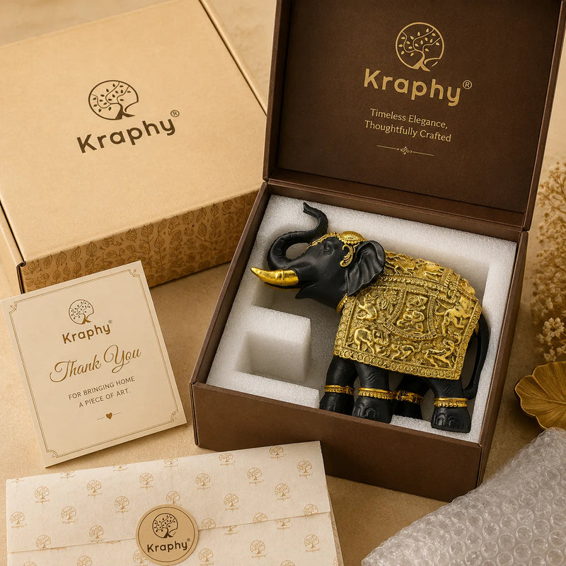 Kraphy Black & Gold Elephant Showpiece with Raised Trunk | Resin Figurine – 9 Inch detail 2