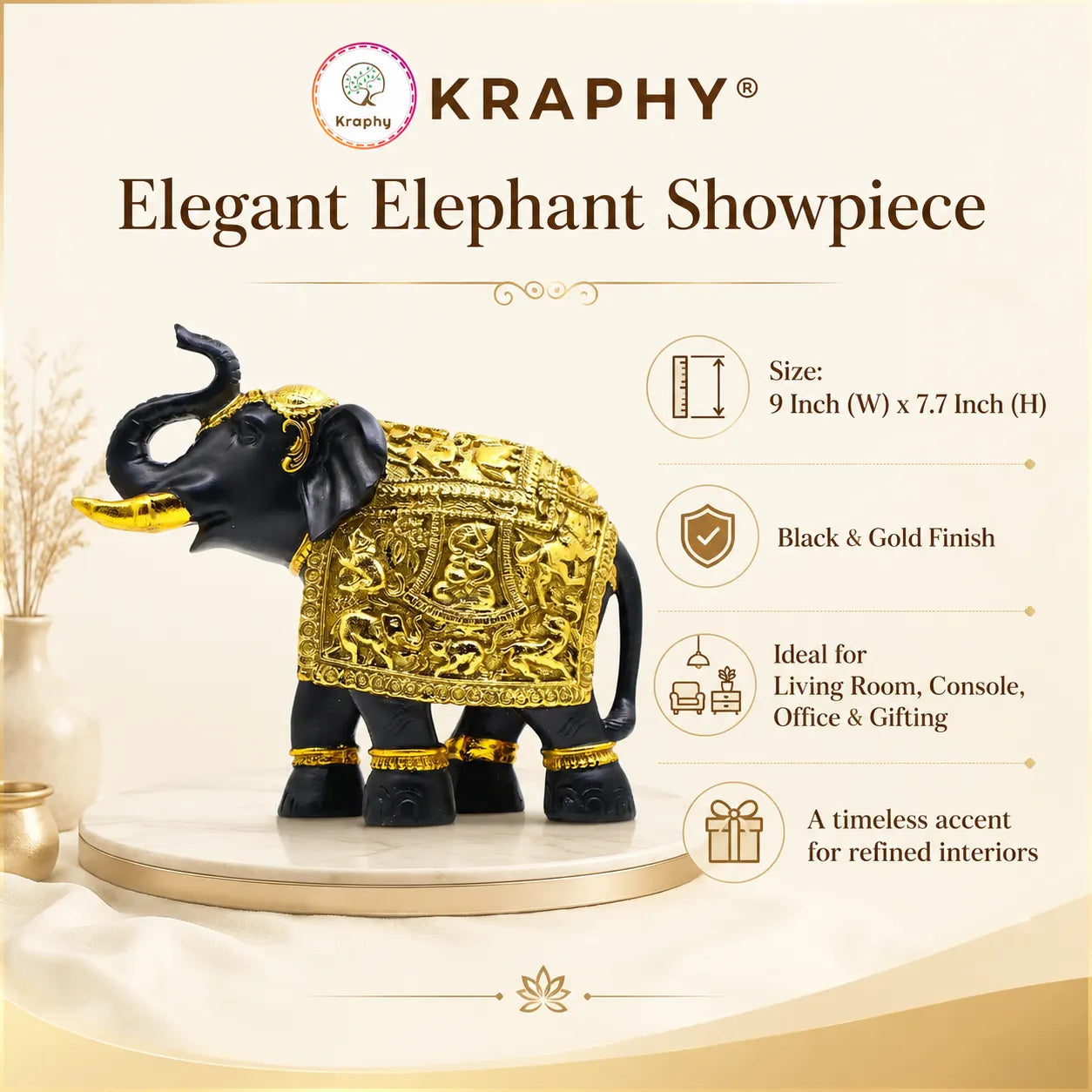 Kraphy Black & Gold Elephant Showpiece with Raised Trunk | Resin Figurine – 9 Inch