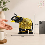 Kraphy Black & Gold Elephant Showpiece with Raised Trunk | Resin Figurine – 9 Inch