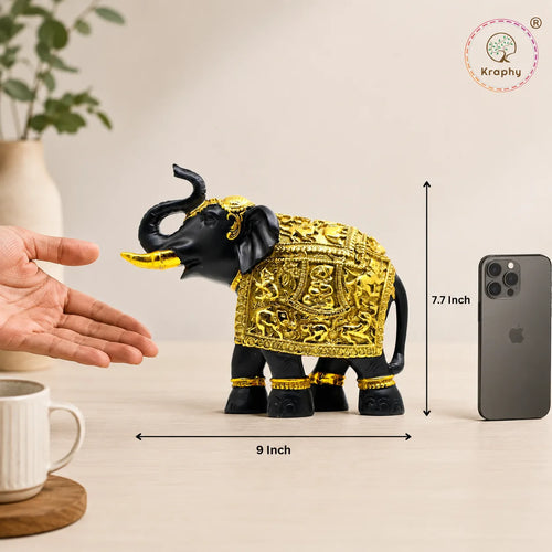 Kraphy Black & Gold Elephant Showpiece with Raised Trunk | Resin Figurine – 9 Inch media 6