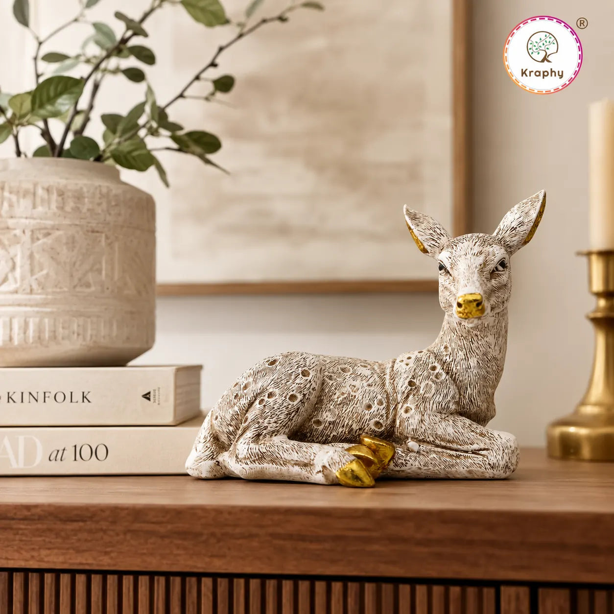 Kraphy White & Gold Resting Deer Showpiece | Resin Figurine – 8 Inch
