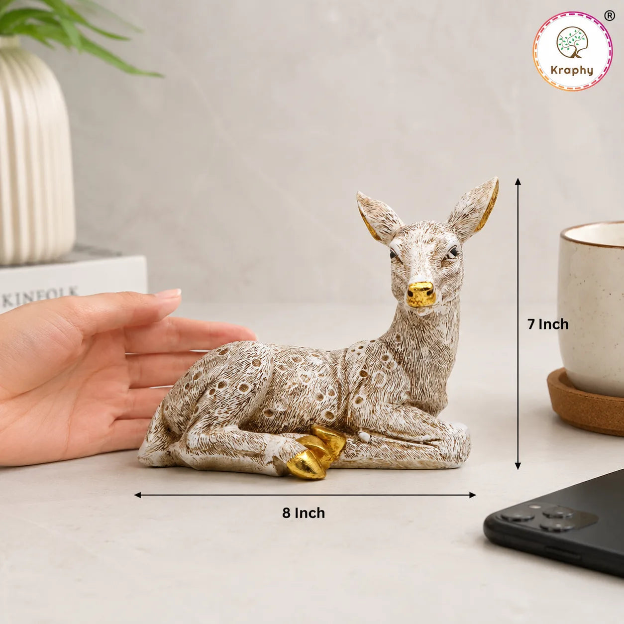 Kraphy White & Gold Resting Deer Showpiece | Resin Figurine – 8 Inch