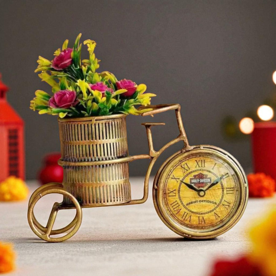 Kraphy Antique Iron Flower Pot & Pen stand With Clock