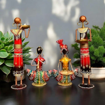 Kraphy Combo Metal Iron Tribal Lady & Tea Light Musician Showpieces Combo