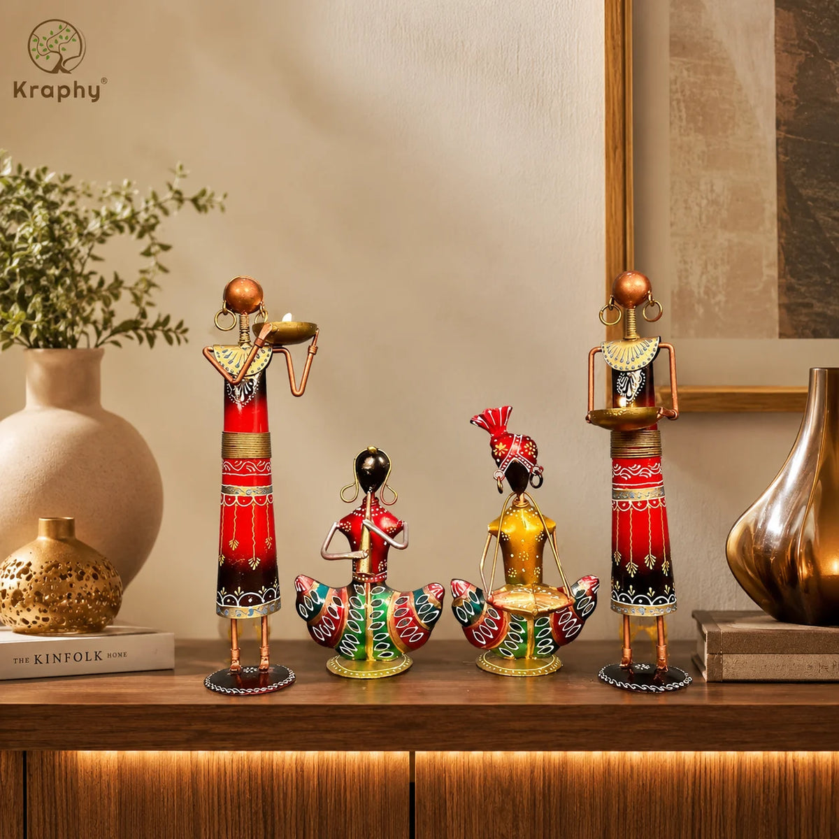 Kraphy Combo Metal Iron Tribal Lady & Tea Light Musician Showpieces Combo A+ main media