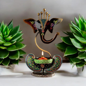 Kraphy Green Ganesha Ji Iron Table Decorative showpiece Tealight Candle Holder