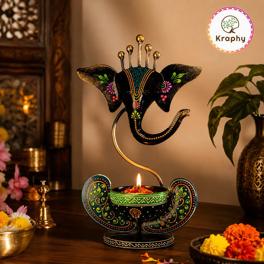 Kraphy Green Ganesha Ji Iron Table Decorative showpiece Tealight Candle Holder