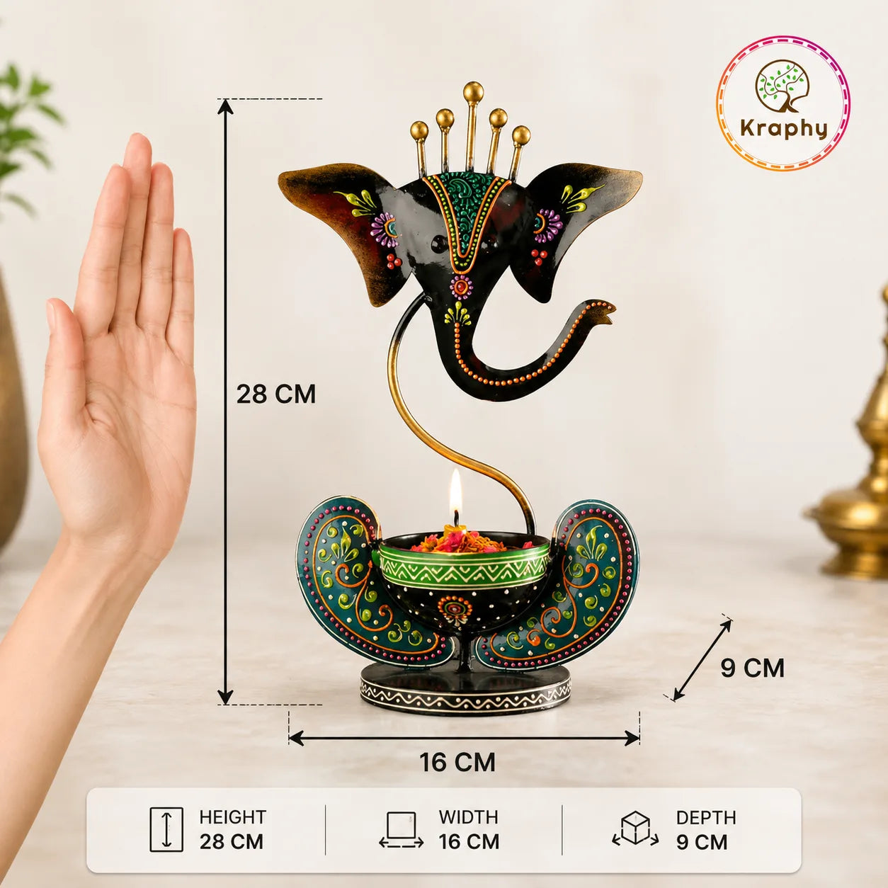 Kraphy Green Ganesha Ji Iron Table Decorative showpiece Tealight Candle Holder