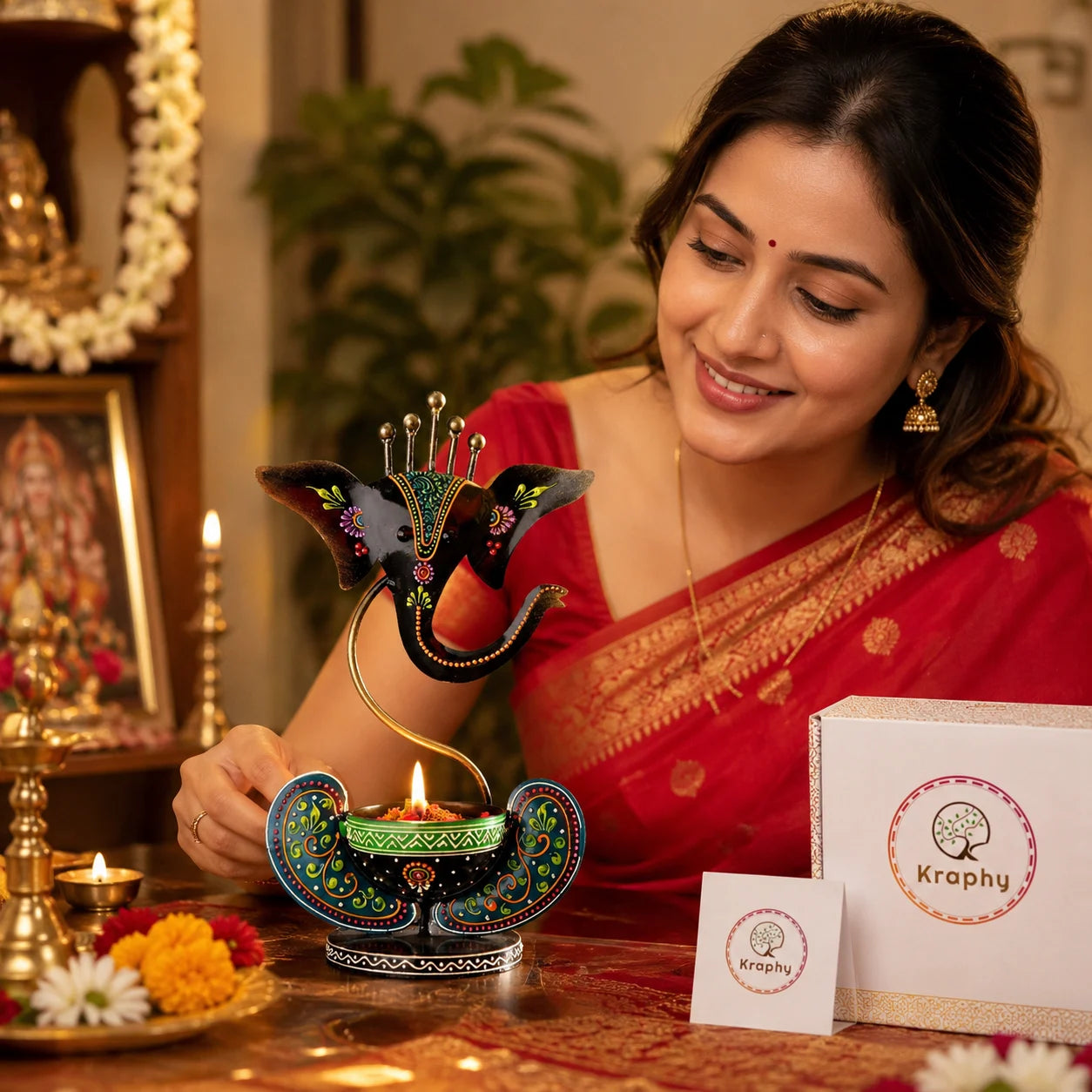 Kraphy Green Ganesha Ji Iron Table Decorative showpiece Tealight Candle Holder