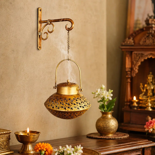 Kraphy Iron Handi Degchi Style And T-light Dhoop Holder With Bracket media 1