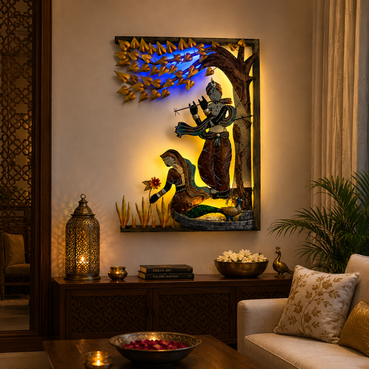 Kraphy Iron Radha Krishna In Multicolour With LED Wall Art