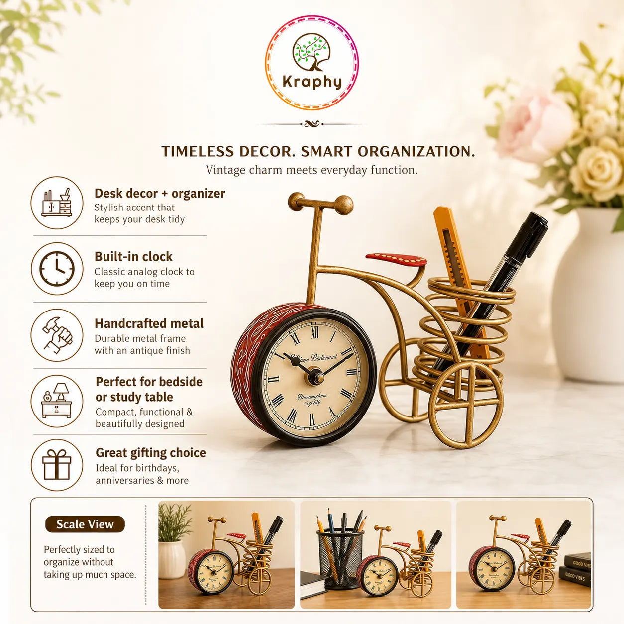 Kraphy Metal Cycle Pen Stand With Clock