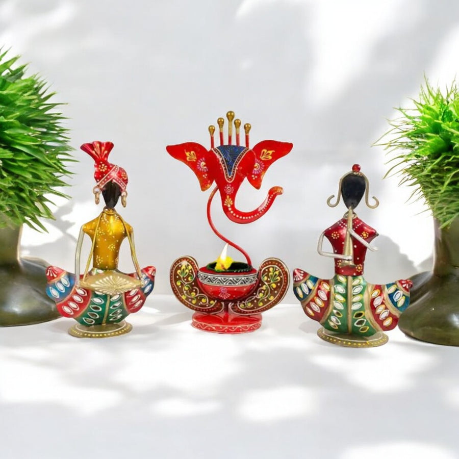 Kraphy Metal Ganesha And Tea Light Musician Showpiece Combo Set Pack of 3