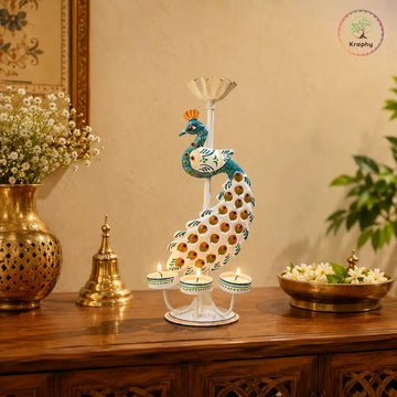Kraphy Metal White peacock T light candle holder showpiece