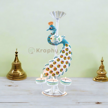 Kraphy Metal White peacock T light candle holder showpiece