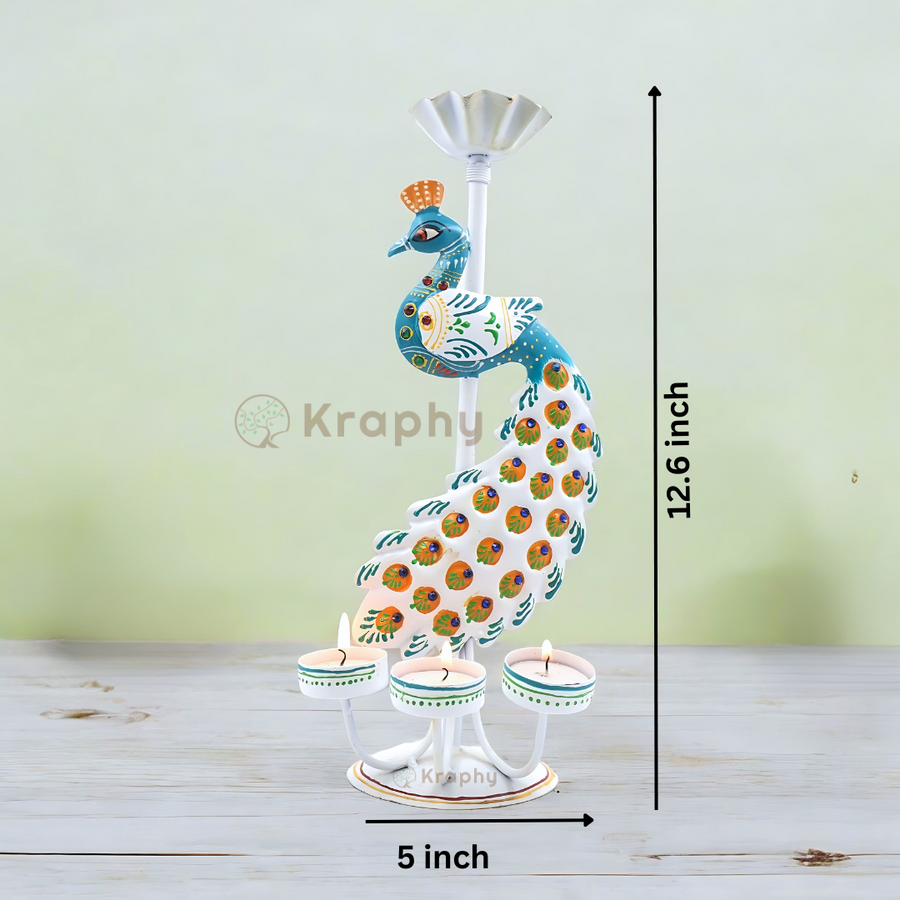 Kraphy Metal White peacock T light candle holder showpiece