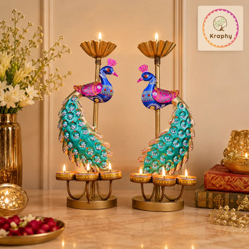 (Pair) Kraphy Metal peacock T light candle holder showpiece