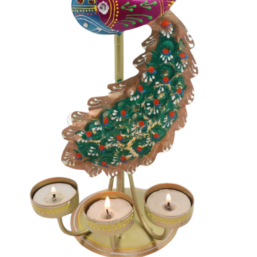 (Pair) Kraphy Metal peacock T light candle holder showpiece