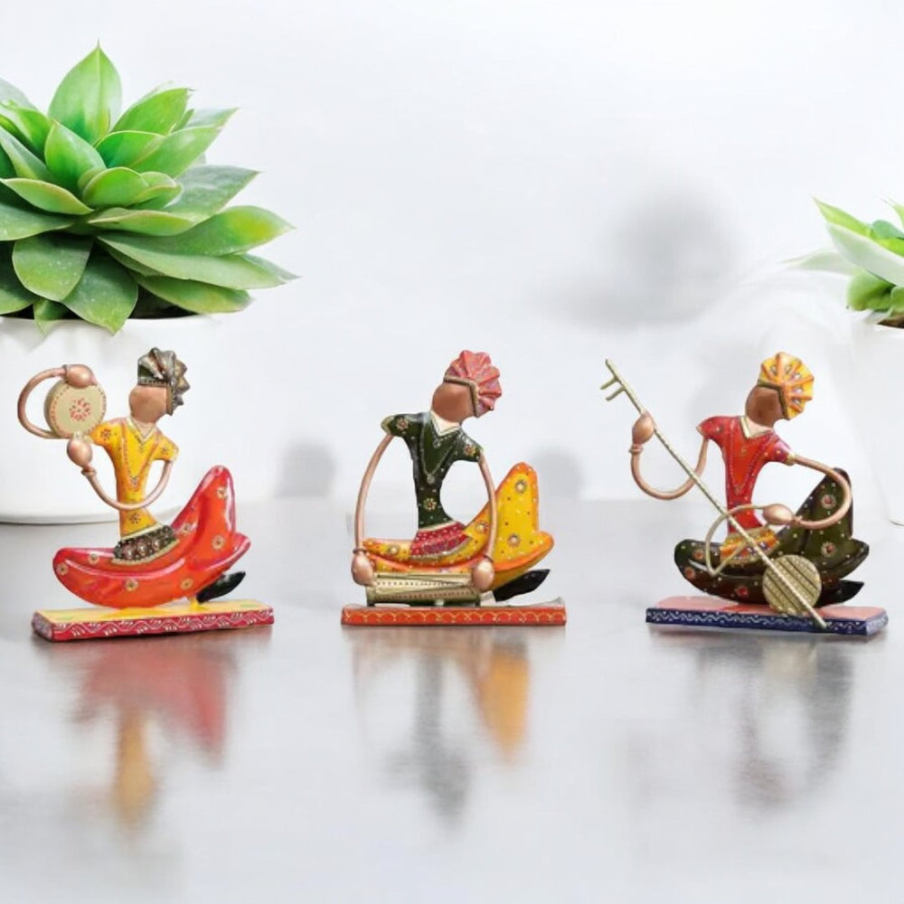 Kraphy Tribal Multi Colour Rajasthani Metal Sitting Musician Figurine Showpiece