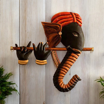 Kraphy Wrought Iron Ganesha Playing Flute Basuri Wall Art