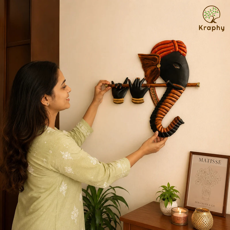 Kraphy Wrought Iron Ganesha Playing Flute Basuri Wall Art detail 1