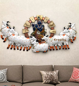 Lord krishna With Cow Spiritual Metallic Wall Art Panel