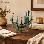 Metal Boat Pen Holder Showpiece Rustic Blue 10 Inch