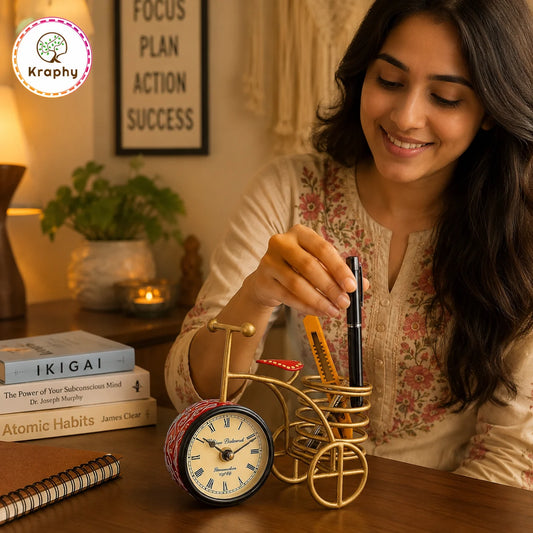 Kraphy Metal Cycle Pen Stand With Clock