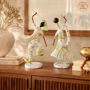 Metal Dandiya Dancing Couple Showpiece Set of Two White Finish (12.5 Inch)