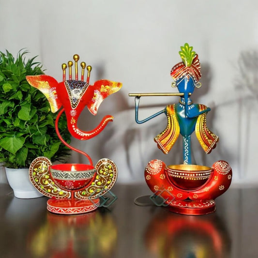 Kraphy Metal Ganesha And Krishna T light/Diya Holder Decorative Showpiece Combo Set