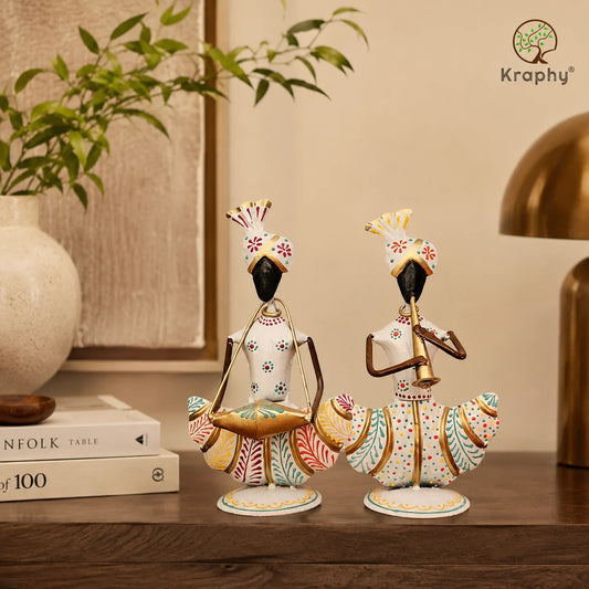 Metal Musician Showpiece Set of Two White Finish