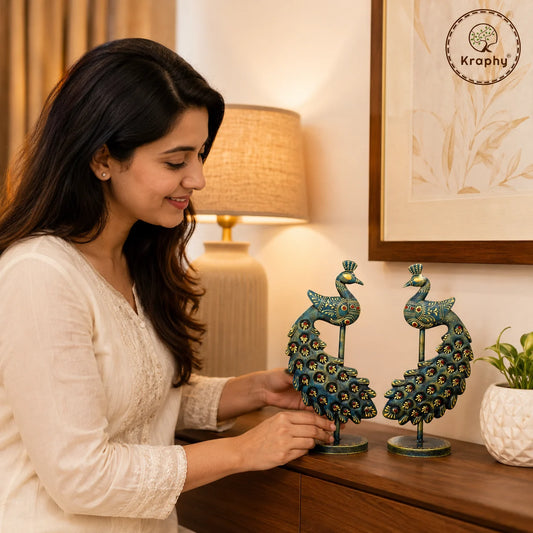 Metal Peacock Showpiece Set of 2 | Decorative Peacock (10 x 5 Inch)
